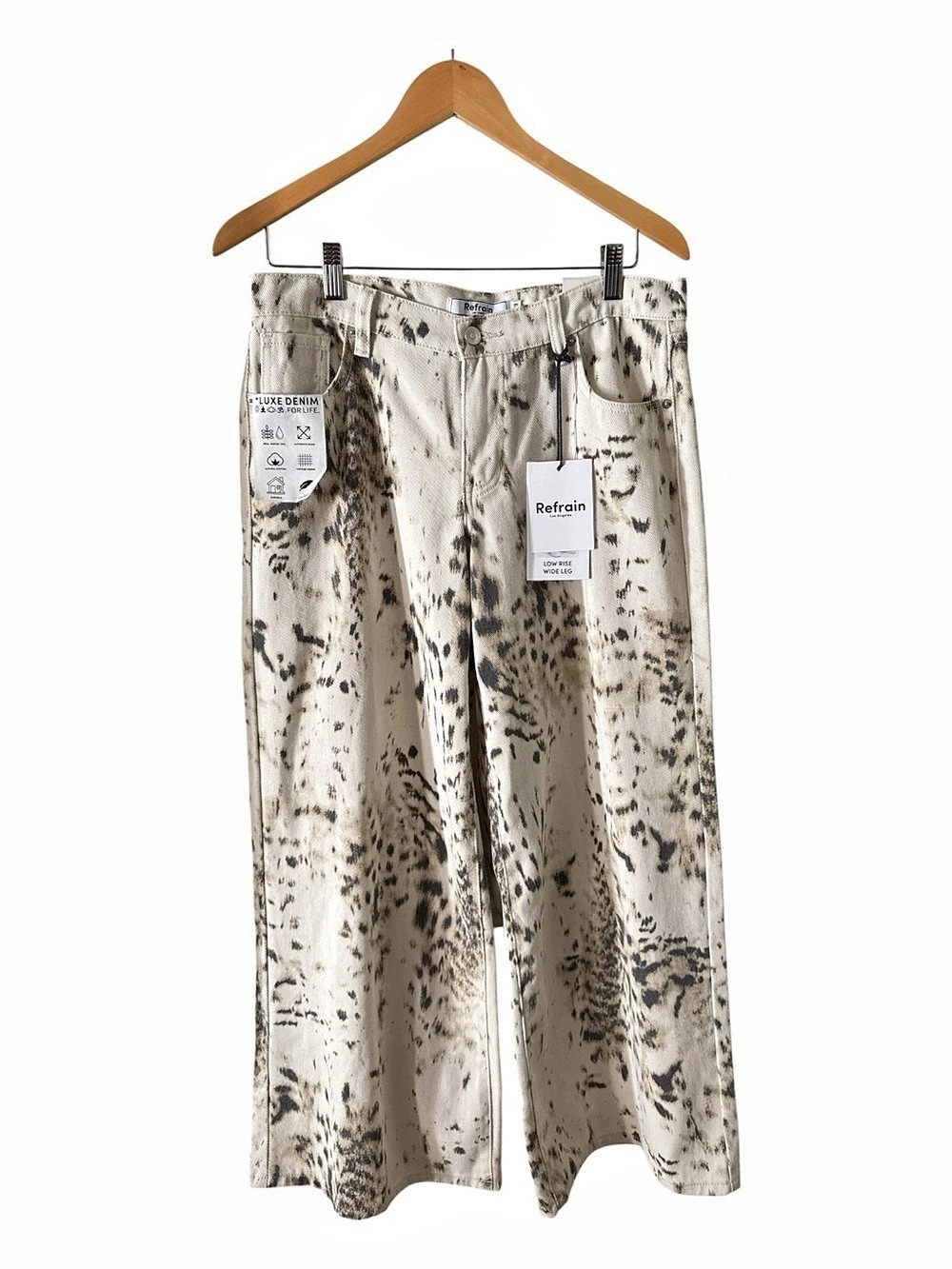 Refrain Low Rise Wide Leg Animal Print Wide Leg Jeans in Cream & Black  NWT